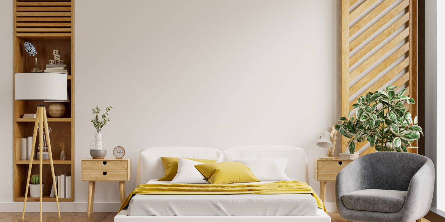 Interior bedroom wall mockup in farmhouse style with armchair.